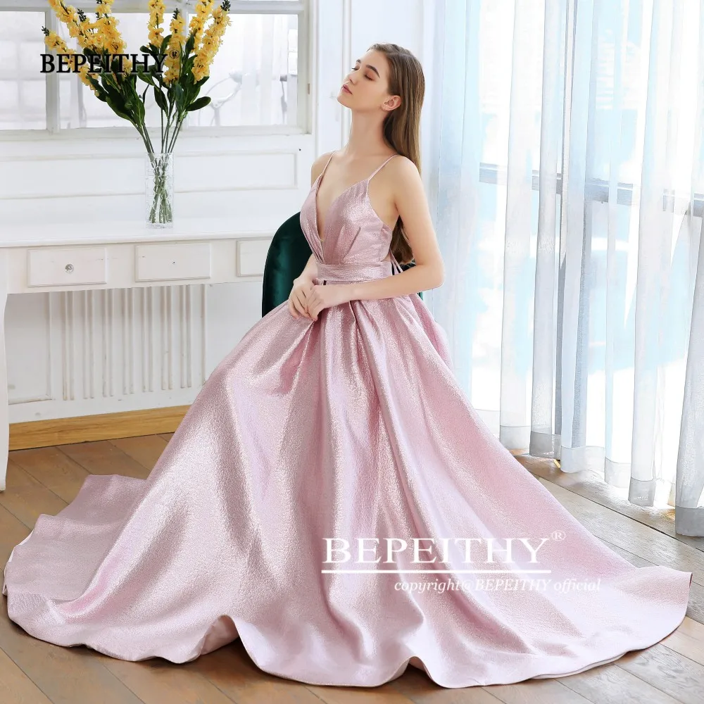 BEPEITHY-vestido de noche rosa con purpurina para mujer, elegante, Sexy, cruzado en la espalda, brillante, para cócteles, línea A, graduación, 2023