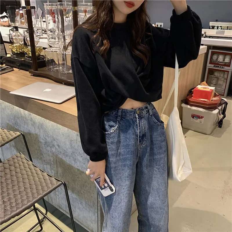 Mode Plooien Patchwork Pullovers Koreaanse Lente Herfst Effen Kleur Dameskleding Lange Mouw Losse Casual O-hals Sweatshirts