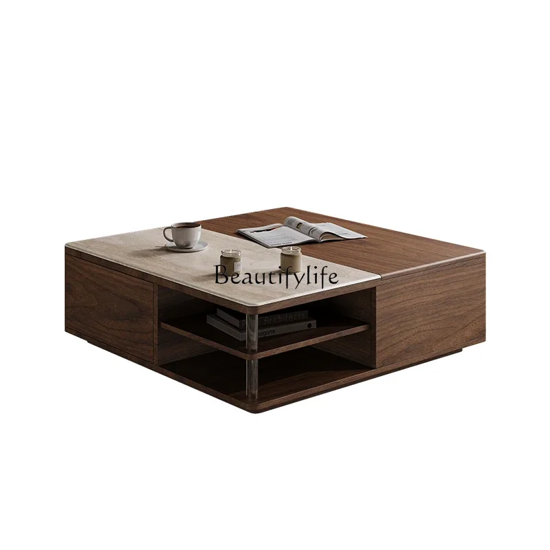 Black walnut Nordic modern simple liftable all solid wood storage coffee table square rock slab