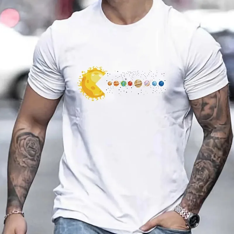 

Men's casual 3D printed T-shirt with solar system pattern short sleeved loose breathable pullover round neck top for men