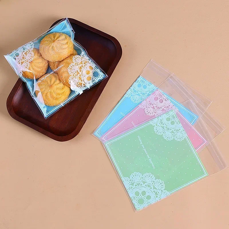 100Pcs/lot Romantic Lace Biscuit Packaging Bag Clear Cookie Plastic Candy Bags for Wedding Easter Self-adhesive Candy Bag