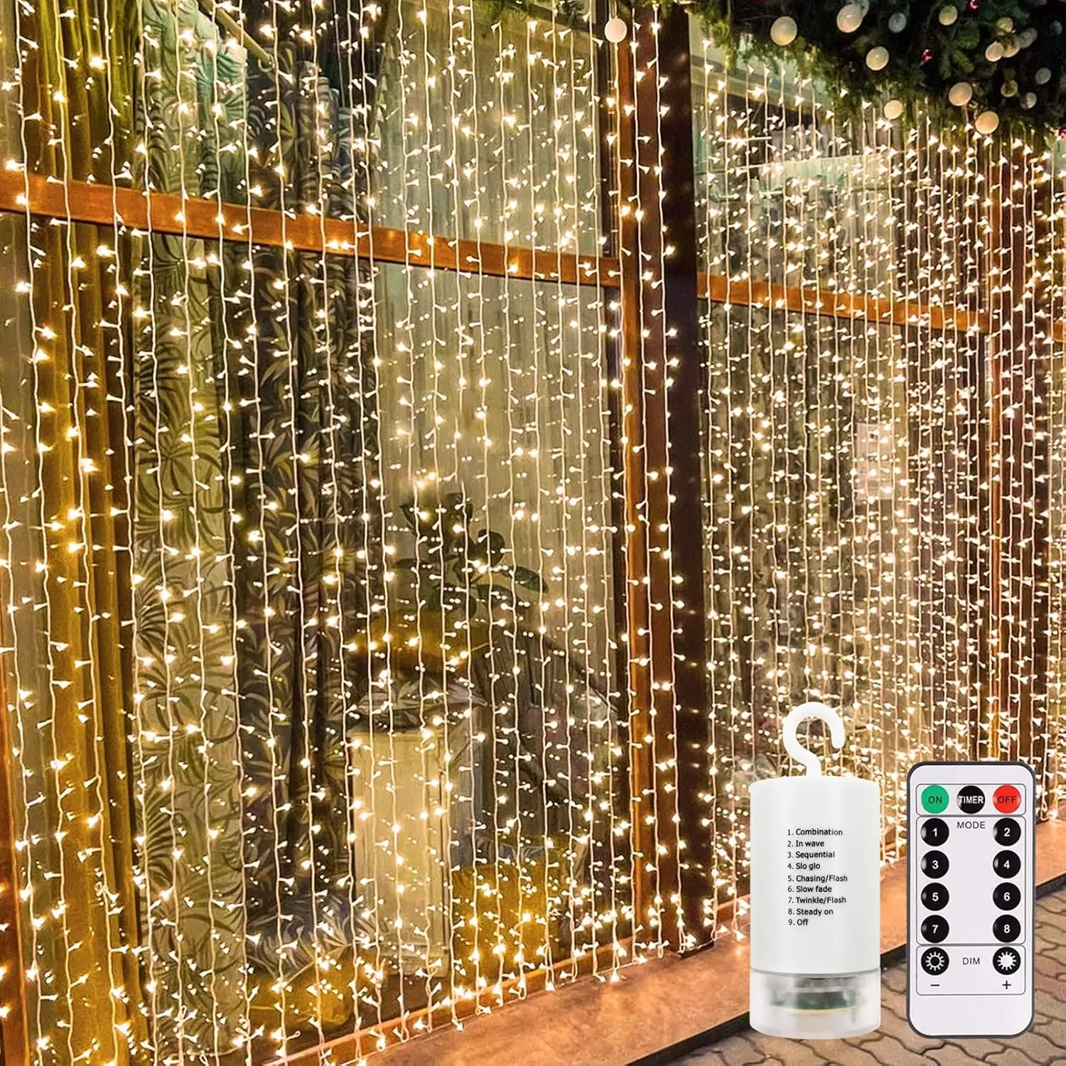

300 LED Curtain Lights, 9.8x9.8ft, Battery Operated with Remote, Timer, 8 Modes, Warm White for Bedroom Patio Wedding