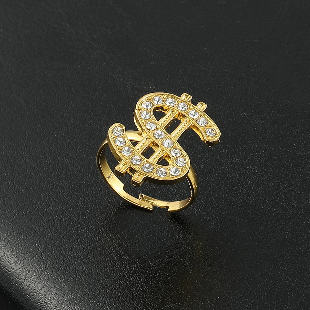 Anillo abierto ajustable con signo de dólar de cristal, joyería de rapero, accesorios de disfraz punk