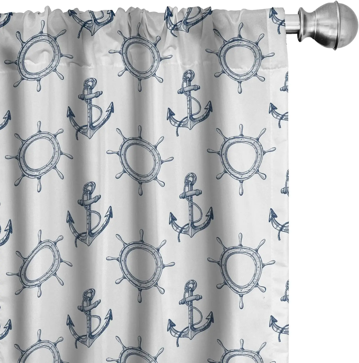 Marine Pirate Curtains, Anchor Ship Wheel Print, 2 Panels Window Drapes Home Decor