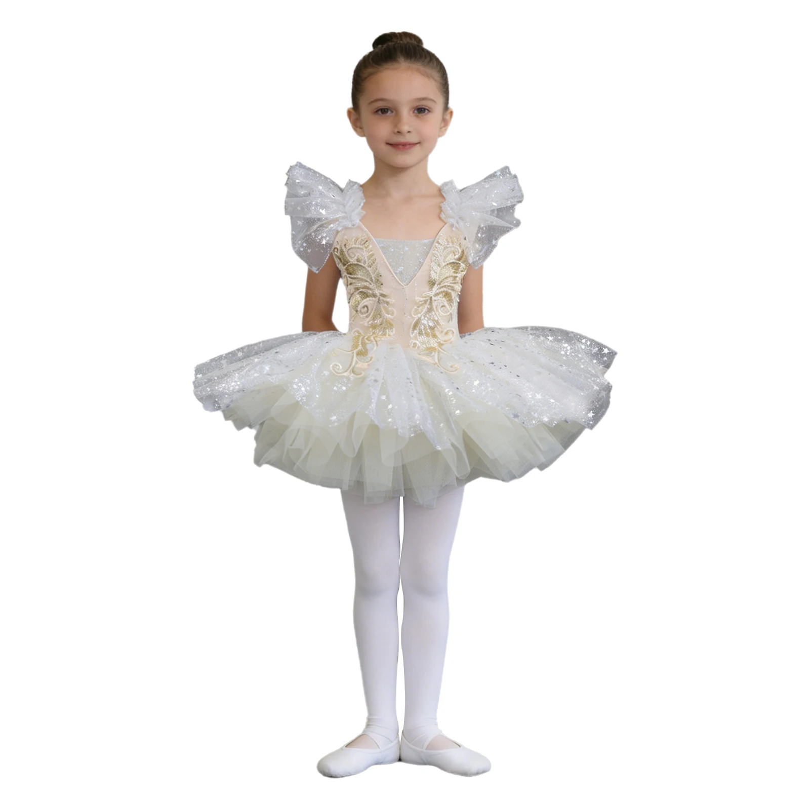 

Kids Girls Ballet Dance Outfit Shiny Sequin Applique Tulle Tutu Dress with Headwear And Cuffs for Figure Skating Dance Clothing