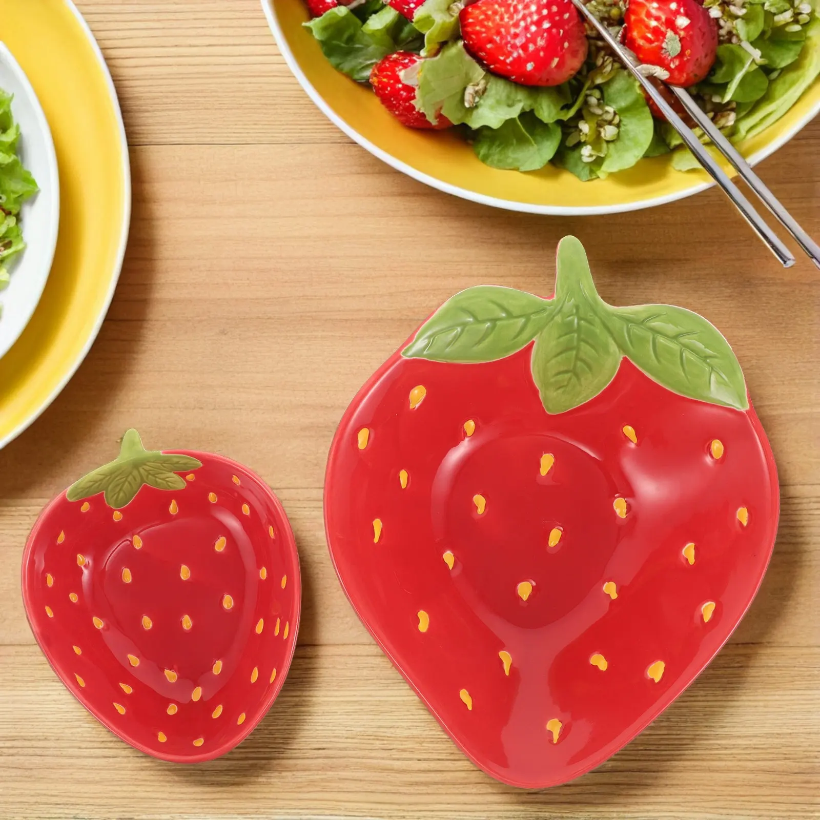 Juego de 2 piezas de vajilla de cerámica con diseño de fresa, cuencos bonitos para servir frutas, platos decorativos para postres, salsas, dulces y frutos secos, para mezclar en la cocina