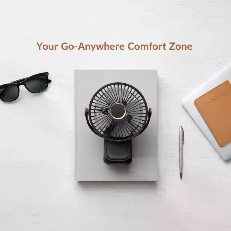 USB Rechargeable Desk Clip Fan with LED Light Quiet Operation Rotatable Mini Fan for Outdoor Travel Home Use