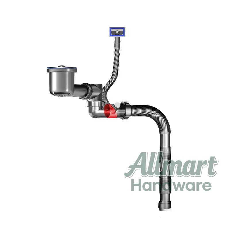 Kitchen horizontal space saving drain set, side row double overflow interface drain pipe, vegetable basin anti odor drain pipe