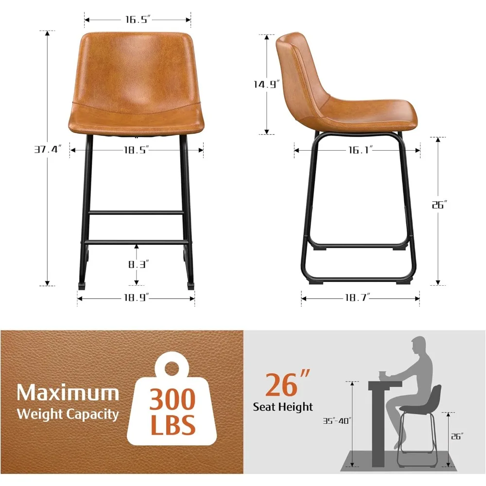 Bar Stools Set of 4, PU Leather Counter Height Bar Stools, 26" Modern Bar Stools with Metal Legs and Footrest, Urban Armless Din