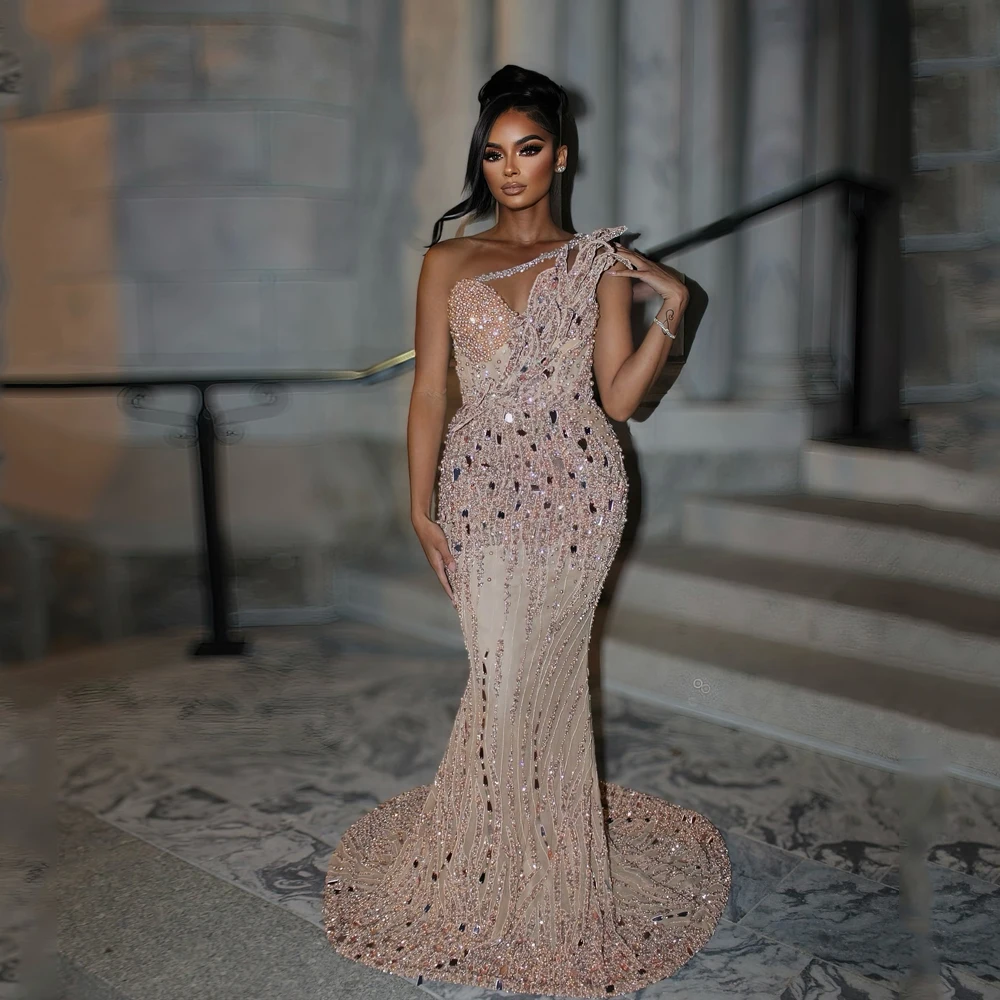 

Mermaid Evening Dress 2025 Beading Crystal One Shoulder Strapless Luxury Prom Gowns African Women Champagne Robes Customized
