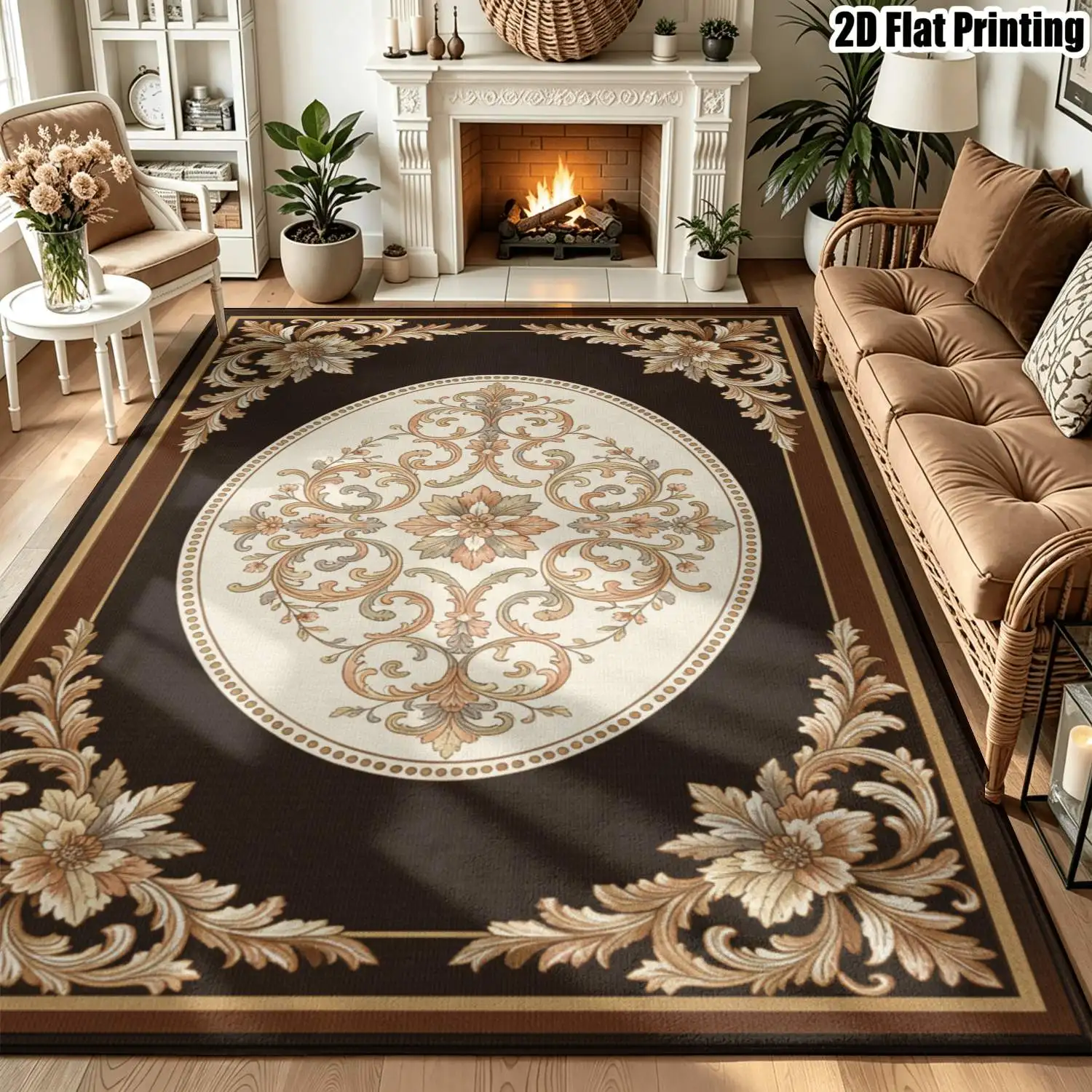 1Pc 2D Printed Carpet: Brown-White Floral Vine Patterns, European Vintage Geometric Style, Home Decor, Multiple Sizes, Machine Washable, for Entryway, Dining Room, Foyer, Living Room, Bedroom