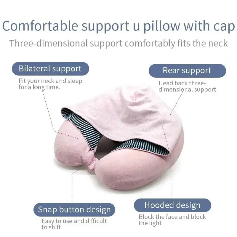 New U Shaped Pillow with Hat Travel Neck Support for Plane Bus Sleeping Adjustable Comfortable Ergonomic Nap Light Blocking