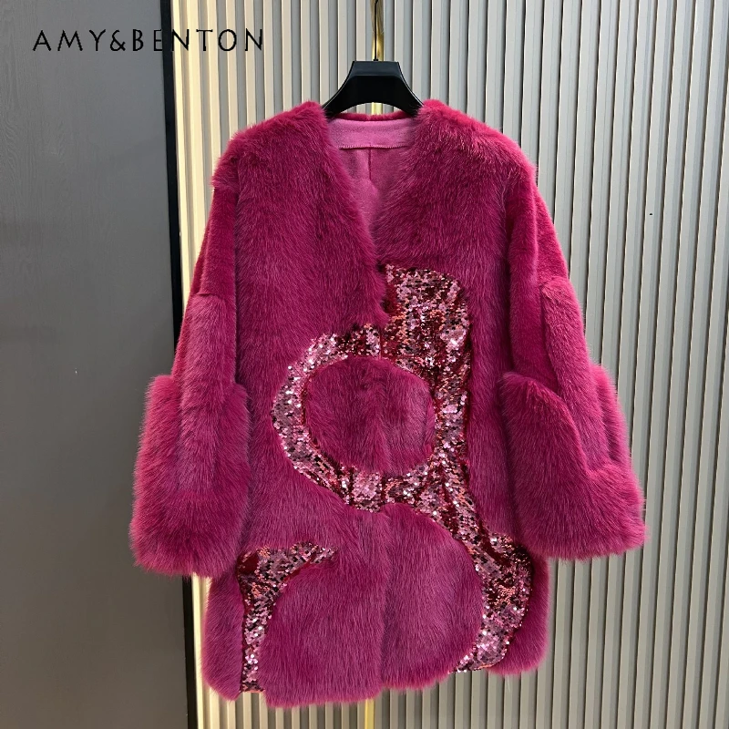 Fashion New Faux Fur Mid-Length Jacket Winter Autumn Thickened Warm Popular Design Sequin Versatile Stylish Women's Furry Coat