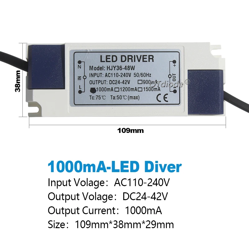 LED Driver Transformer 900mA 1200mA 1500mA 36W 40W 45W 48W 50W Light Power Supply Output DC24-42V External Driver DC Connector