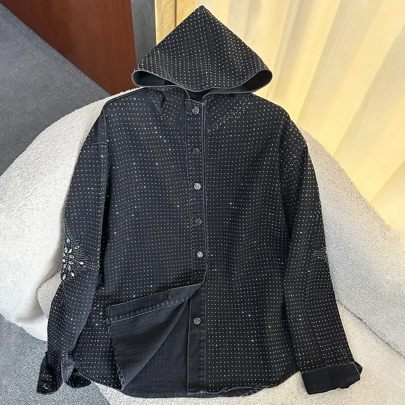 重工業風ラインストーン付きフード付き長袖デニムブラウスジャケットルーズファッション トップス 2025年秋新作ハイエンドシャツ