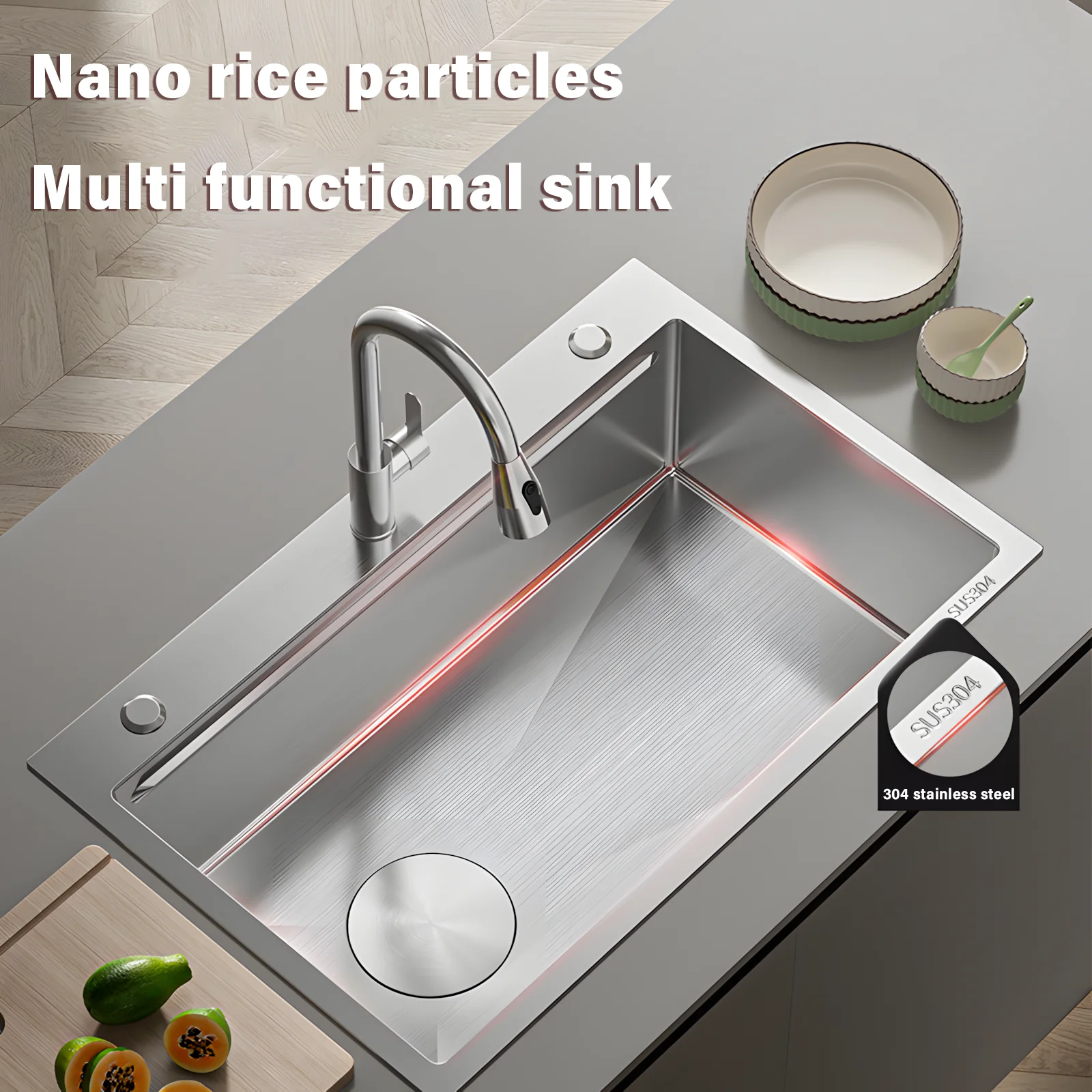 

Large Capacity Multifunctional Kitchen Sink Honeycomb Embossing Vegetable Workstation With Waterfall Faucet Drain Accessories