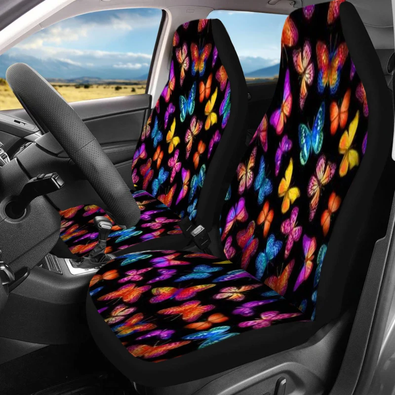 Set Of 2 Front Seat Covers For Cars, Featuring A Colorful Butterfly Design. These Breathable Vehicle Cushions Do Not Have Back P