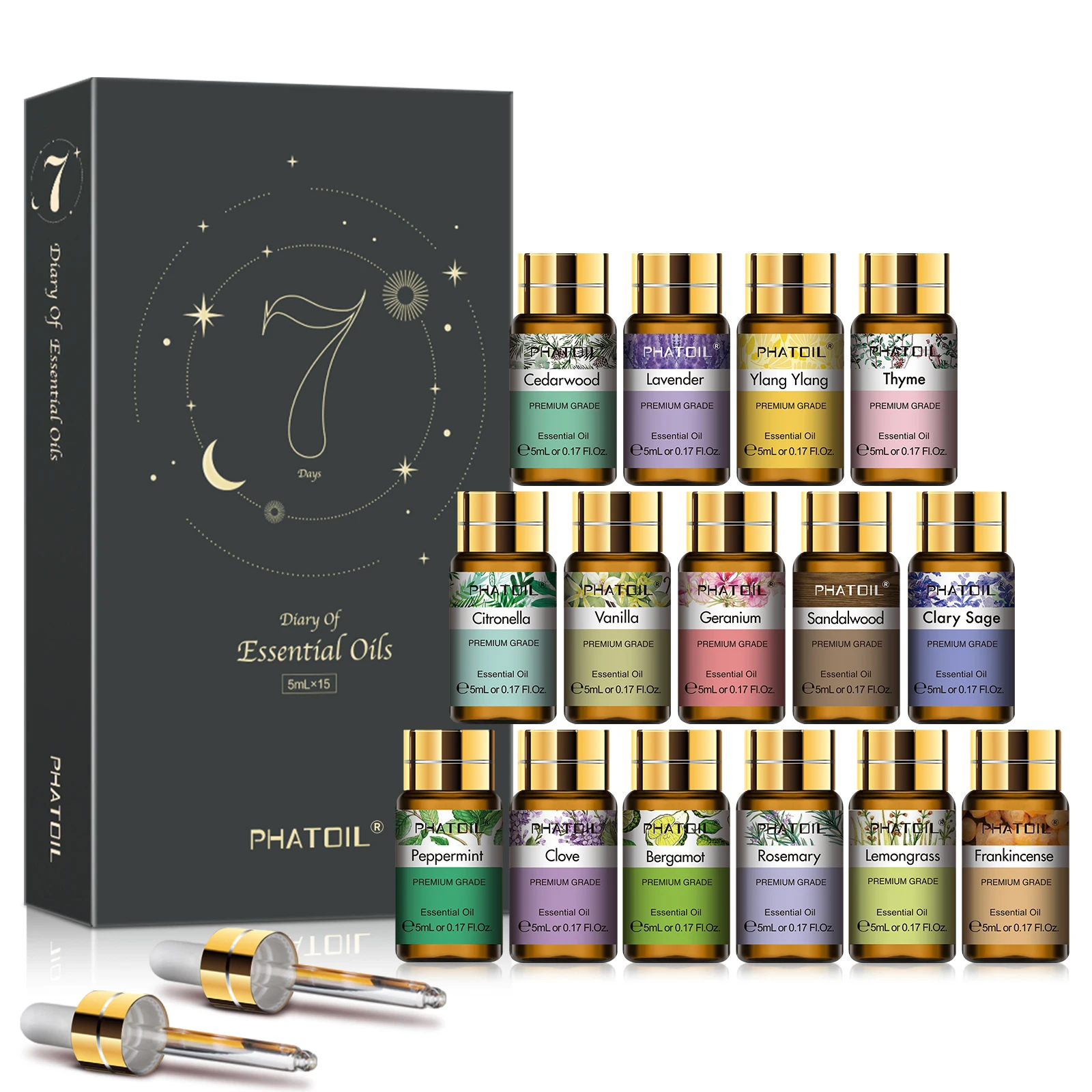 

PHATOIL 15pcs Essential Oils Set For Candle Making,Diffuser-5ml Lavender Vanilla Lemongrass Sandalwood Aroma Essential Oil