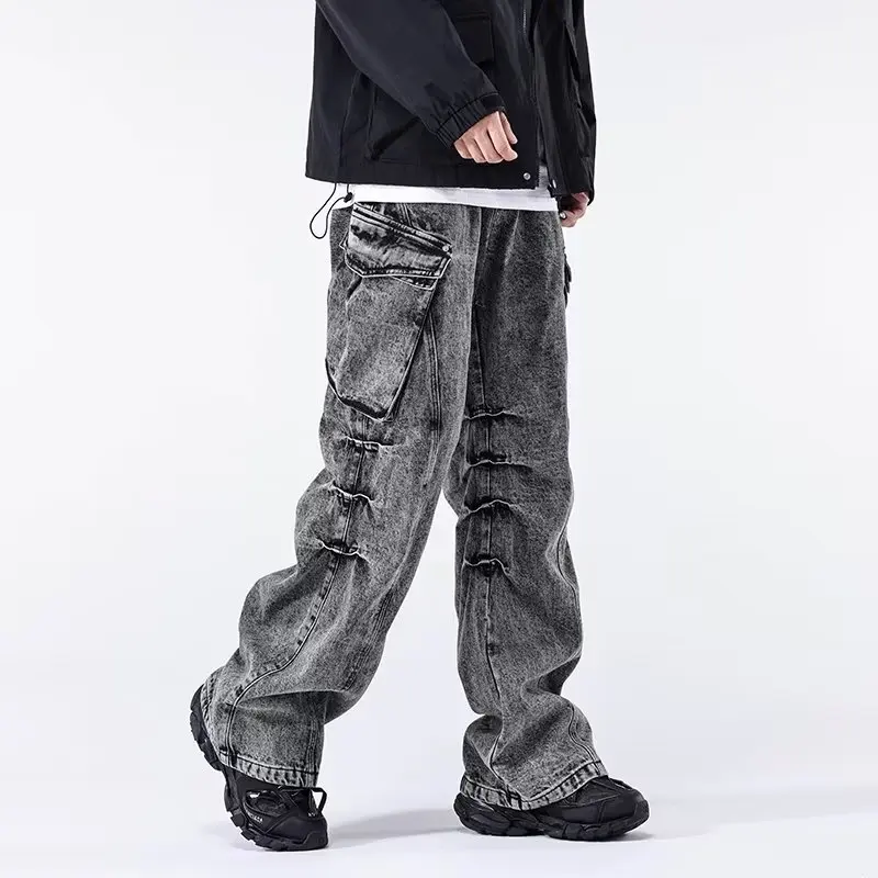 2024 Ropa Aesthetic Y2K Fashion Vintage Grey Baggy Cargo Jeans Pants For Men Clothes Pleated Streetwear Straight Long Trousers