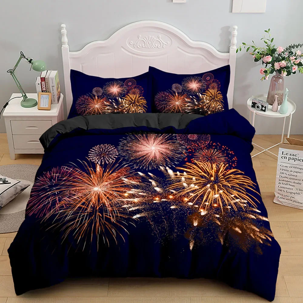 Fireworks Night Bedding Set Colorful Splendid Fireworks Blooming 2/3pcs Polyester Duvet Cover Shiny King Queen Size Quilt Cover