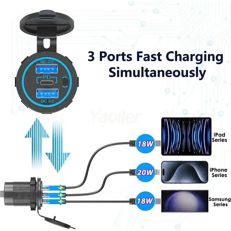 12V USB Outlet Marine Switch Panel Waterproof Dual QC3.0 and PD 20W USB Ports Outlet Car Charger for Golf Cart car Boat Marine