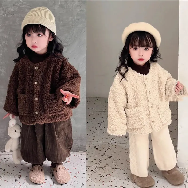 Boys and Girls Coats Super Soft Lamb Wool Plus Ollie Velvet Thickened Top Coat 2024 Winter New Children's Clothing