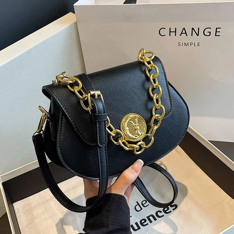 

Brown Black Bag For Women Luxury Gold Thick Chain Shoulder Bag Designer Saddle Bag Lady Small Semicircle Crossbody Phone Purse