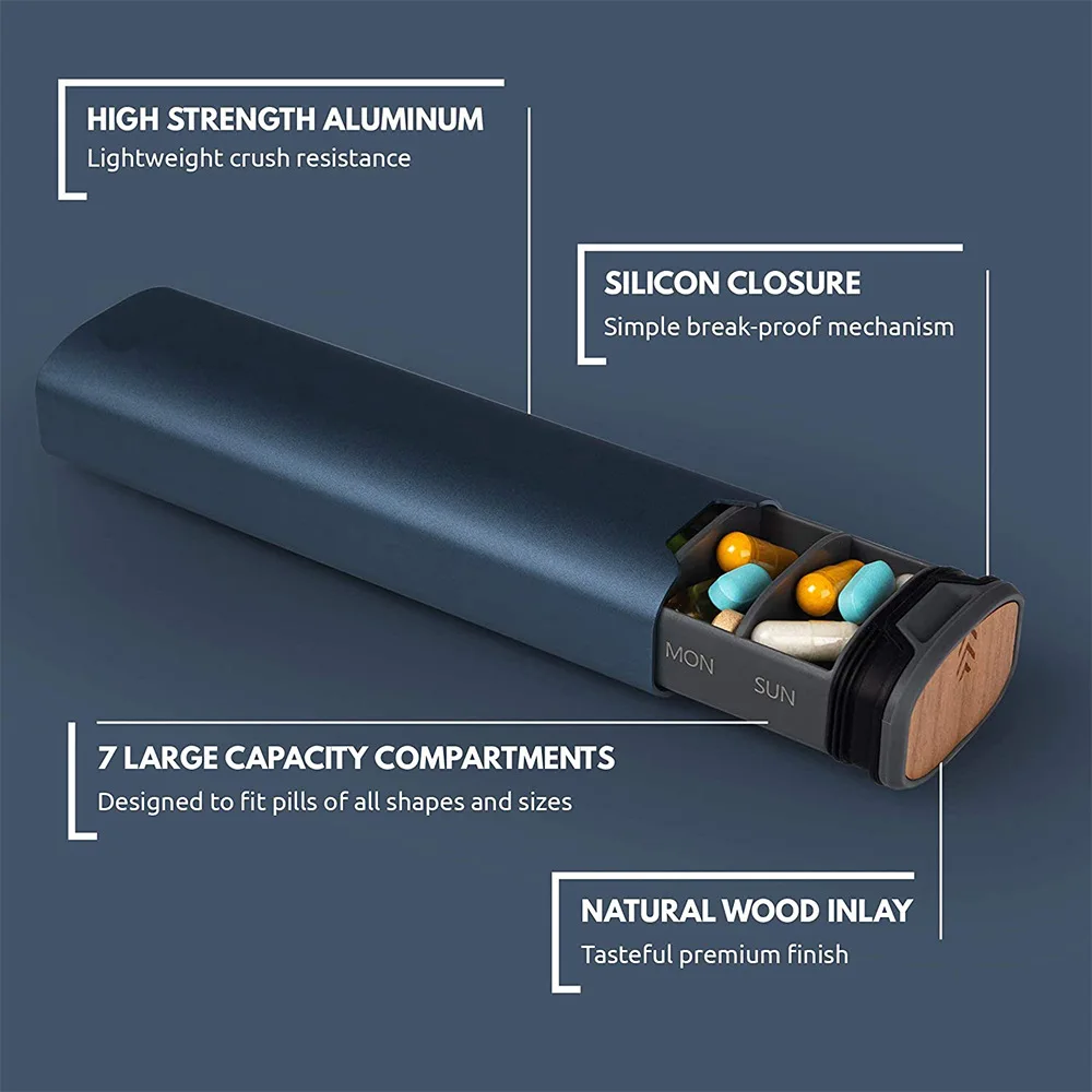 

7-дневный еженедельный металлический органайзер для таблеток для путешествий, алюминиевая коробка для ежедневных лекарств премиум-класса, портативный деловой футляр для таблеток, таблетки большой емкости