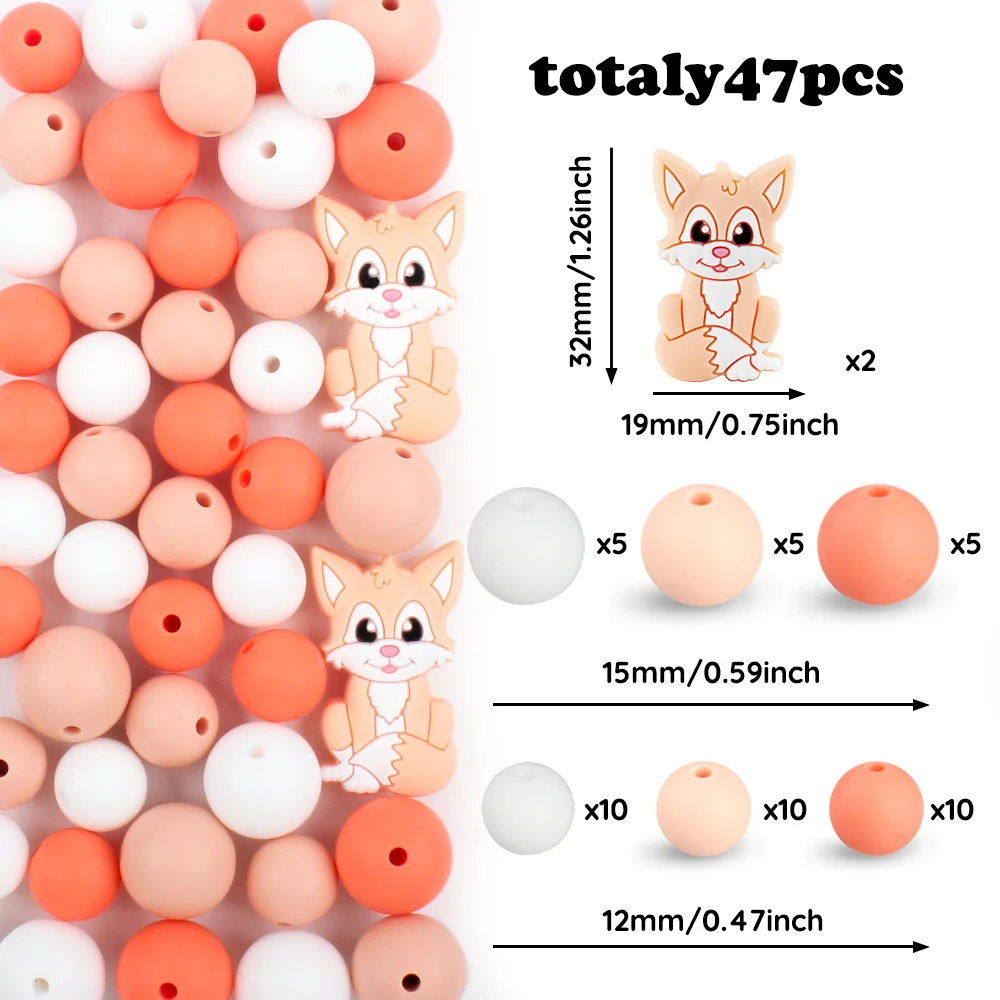 47Pcs/Set Silicone Beads Cartoon Fox Fcoal Beads Baby Teething Teether Set DIY Pacifier Chain keychain Pendant Accessories