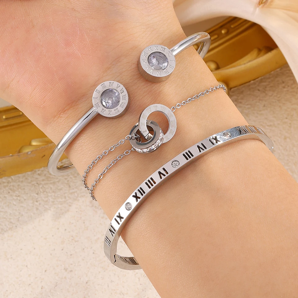 Women Stainless Steel Roman Numeral Open Bangle Double Ring Chain Bracelet Cubic Zirconia Waterproof Stackable Wrist Jewelry