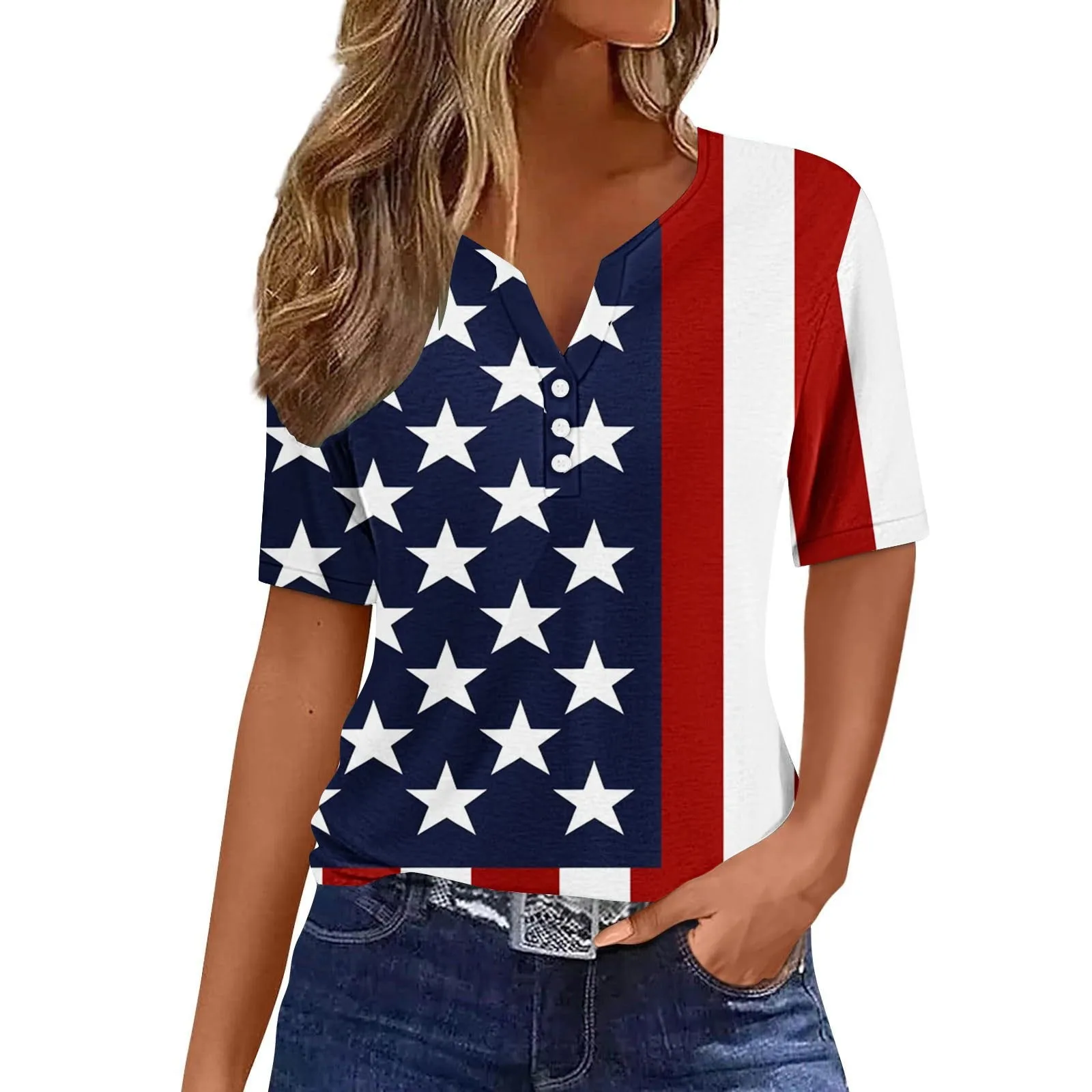 Design inspired top 2024 summer new national flag print summer outfit casual fashion and western-style slimming WG19