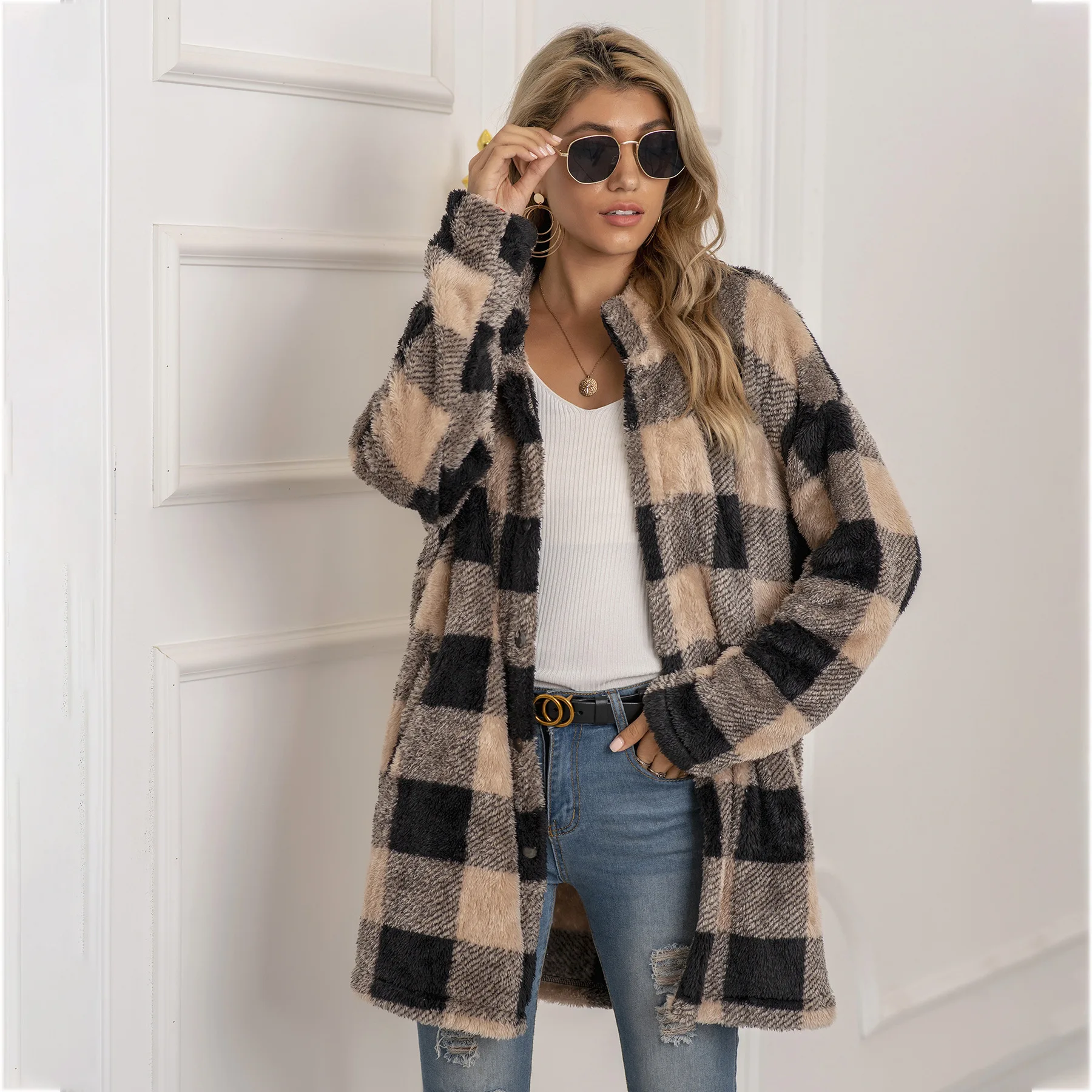 

Zagros Women Faux Fur Plaid Long Coat, Winter Warm Plush Checkered Overcoat Casual Outerwear