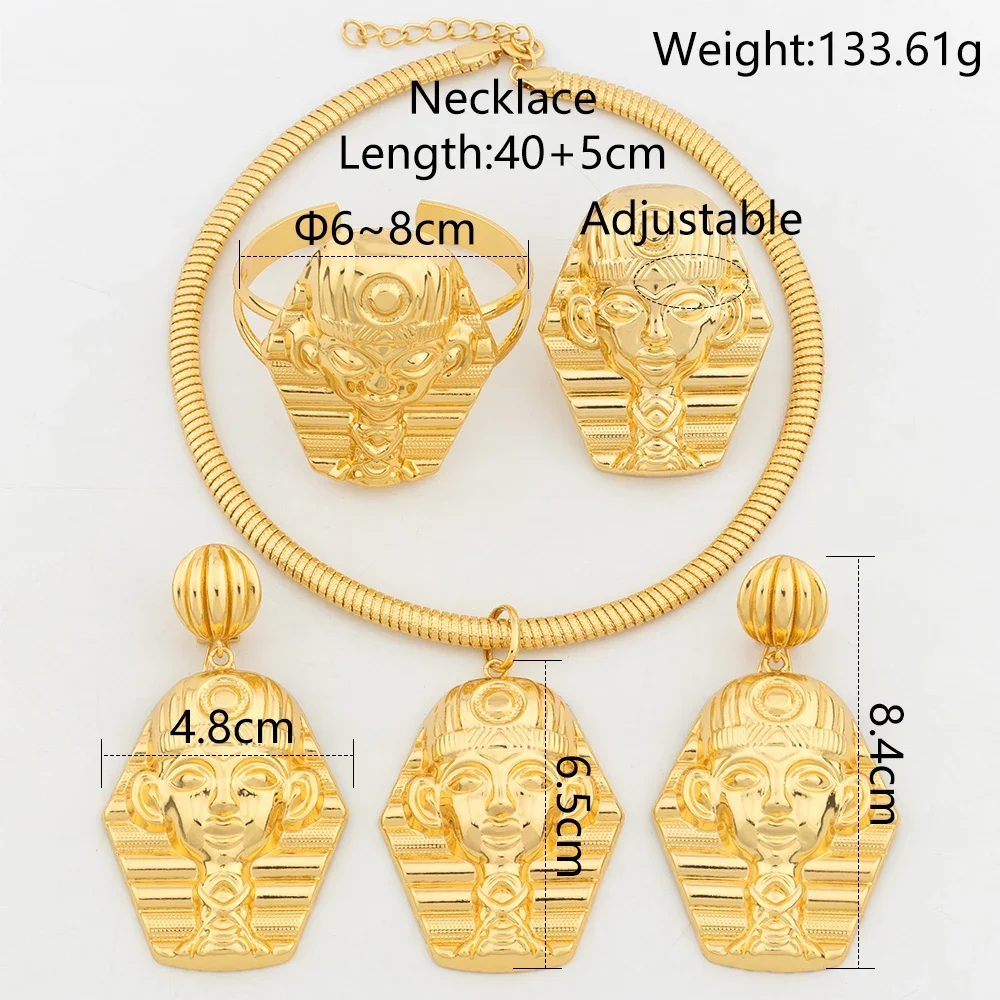 Charms Gold Plated Jewelry Sets for Women Egyptian Head Bracelet Ring Necklace Earrings 4pcs Wedding Engagement Party Jewelry