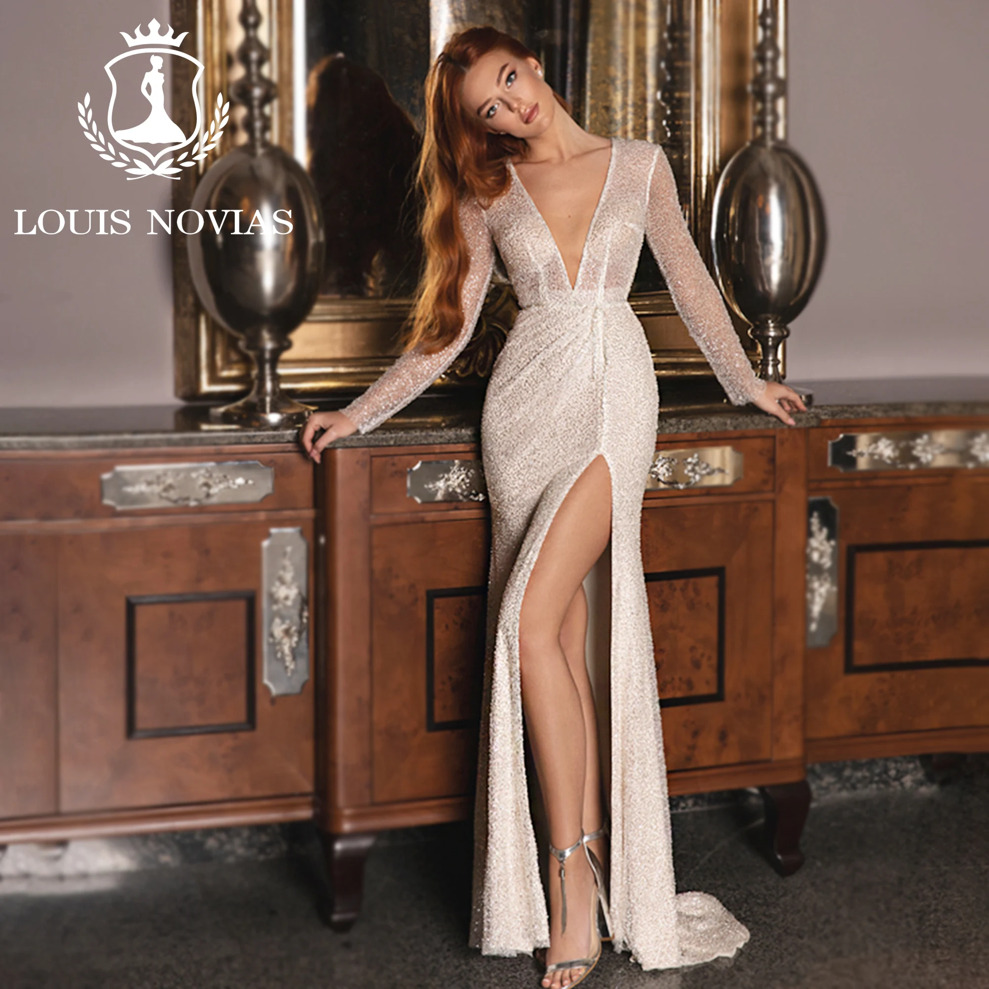 LOUIS NOVIAS Meerjungfrau Brautkleider Für Frauen Sexy Luxus V-ausschnitt Schatz Oberschenkel Split Stretch Brautkleid Vestidos De Novia