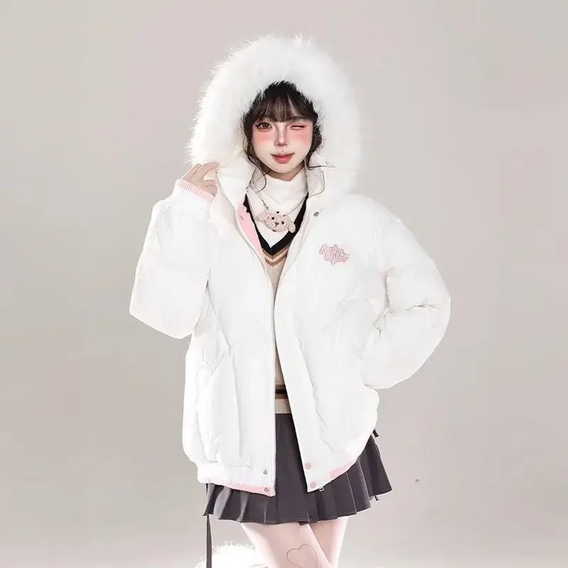 

Sweet Cute Girls Plush Hooded Cotton Clothes Coat Female Winter Pink White Thicken Keep Warm Cotton Clothes Protection From Cold