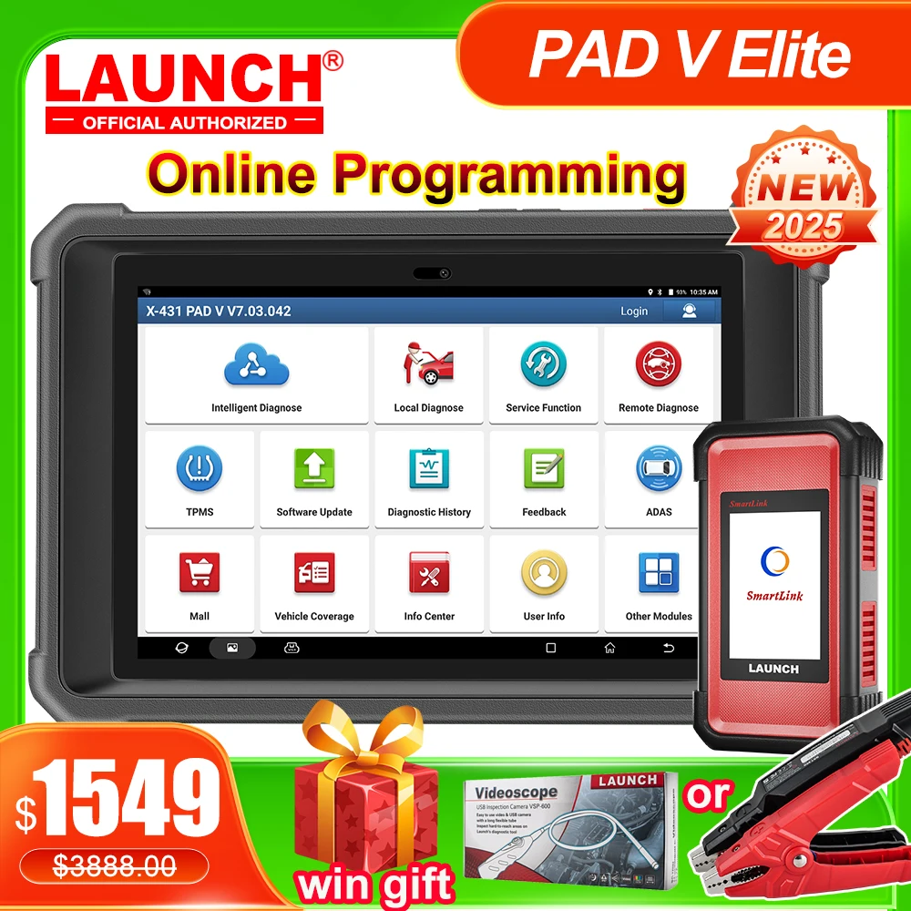 LAUNCH X431 PAD V Elite 10.1 inch Online programming SCN Coding Car Diagnostic tools J2534 DOIP CAN FD ADAS IMMO Smartlink C