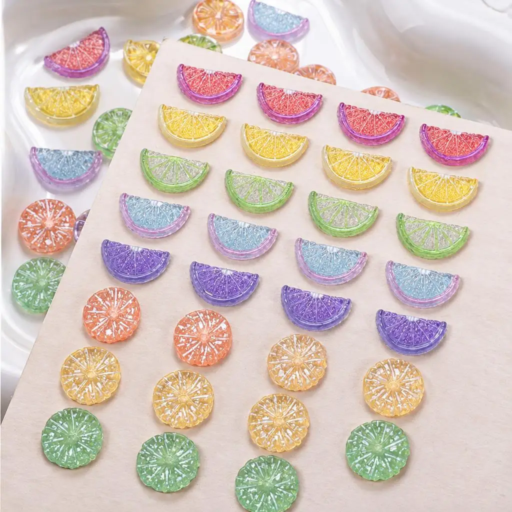 50Pcs 3D Sparkling Lemon Slice Nail Charms Round/Half Orange Shape  Resin Nails Decoration for Daily Summer DIY Manicure Design