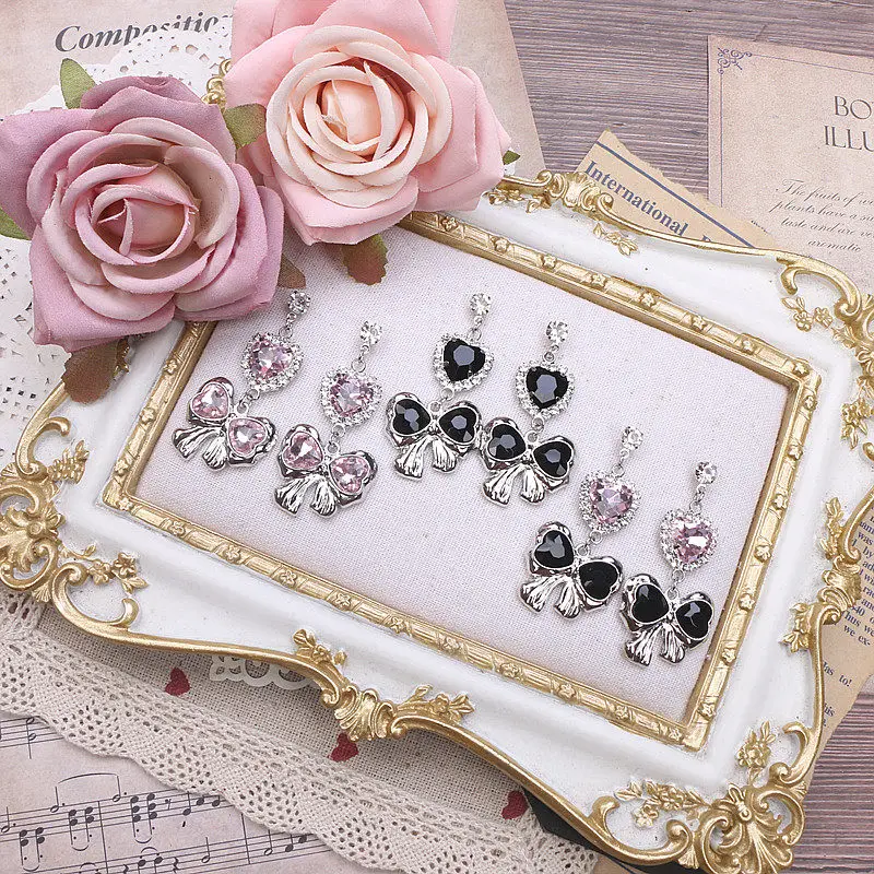Y2K Subculture Earrings Sweet-Cool Heart Cherry Wing Cross Bow Design Ear Studs or Clips Gothic Kawaii Jewelry for Women