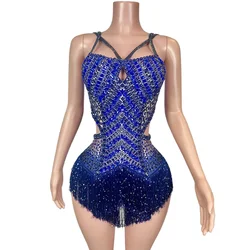 Customized Sparkly Rhinestones Fringes Blue Backless Bodysuit Sexy Performance Dance Costume Nightclub Singer Dancer Stage Wear