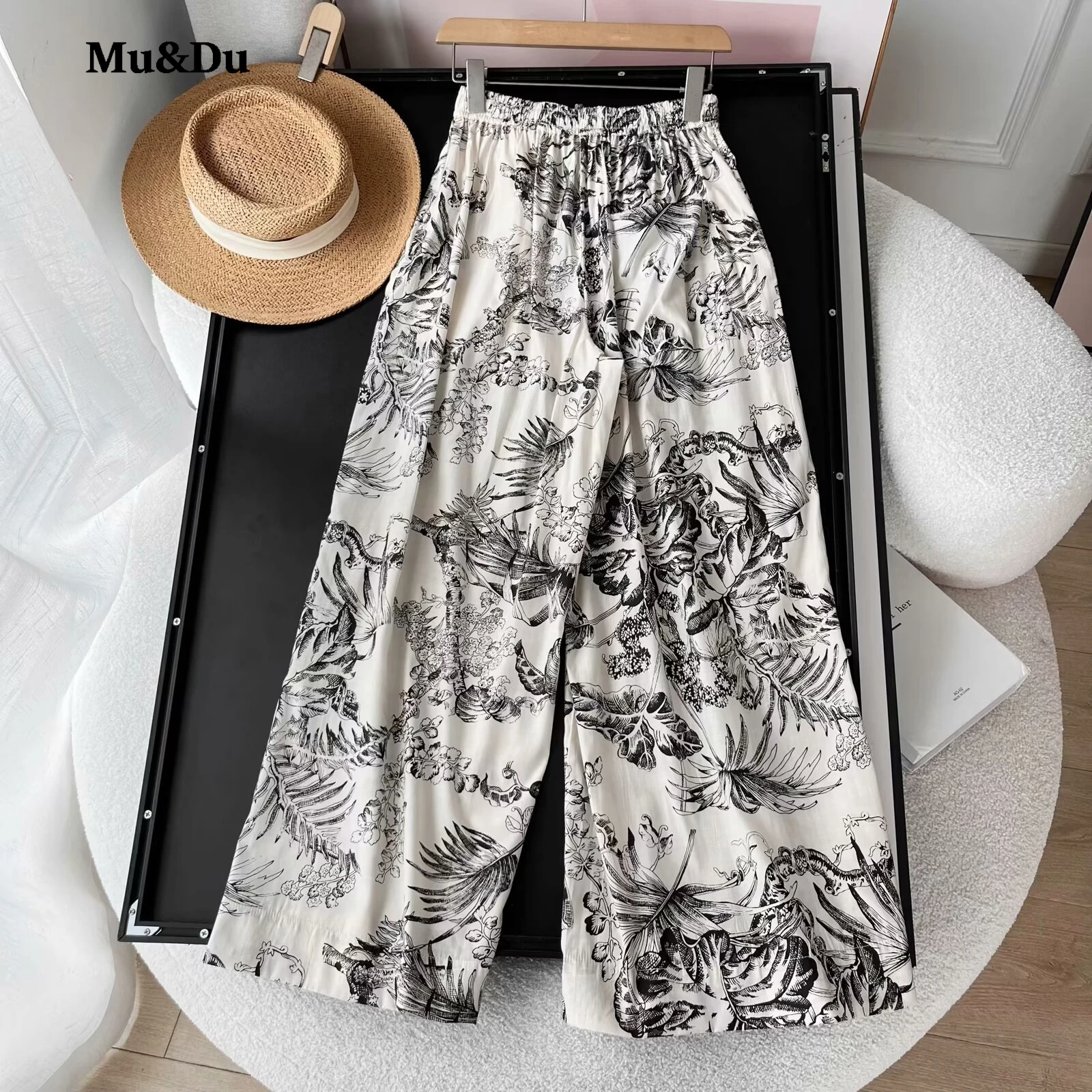 Mu&Du Women 2024 Summer New Fashion Print Wide Leg Pants Vintage High Waist Chic Side Pocket Casual Elastic Waist Trousers Mujer