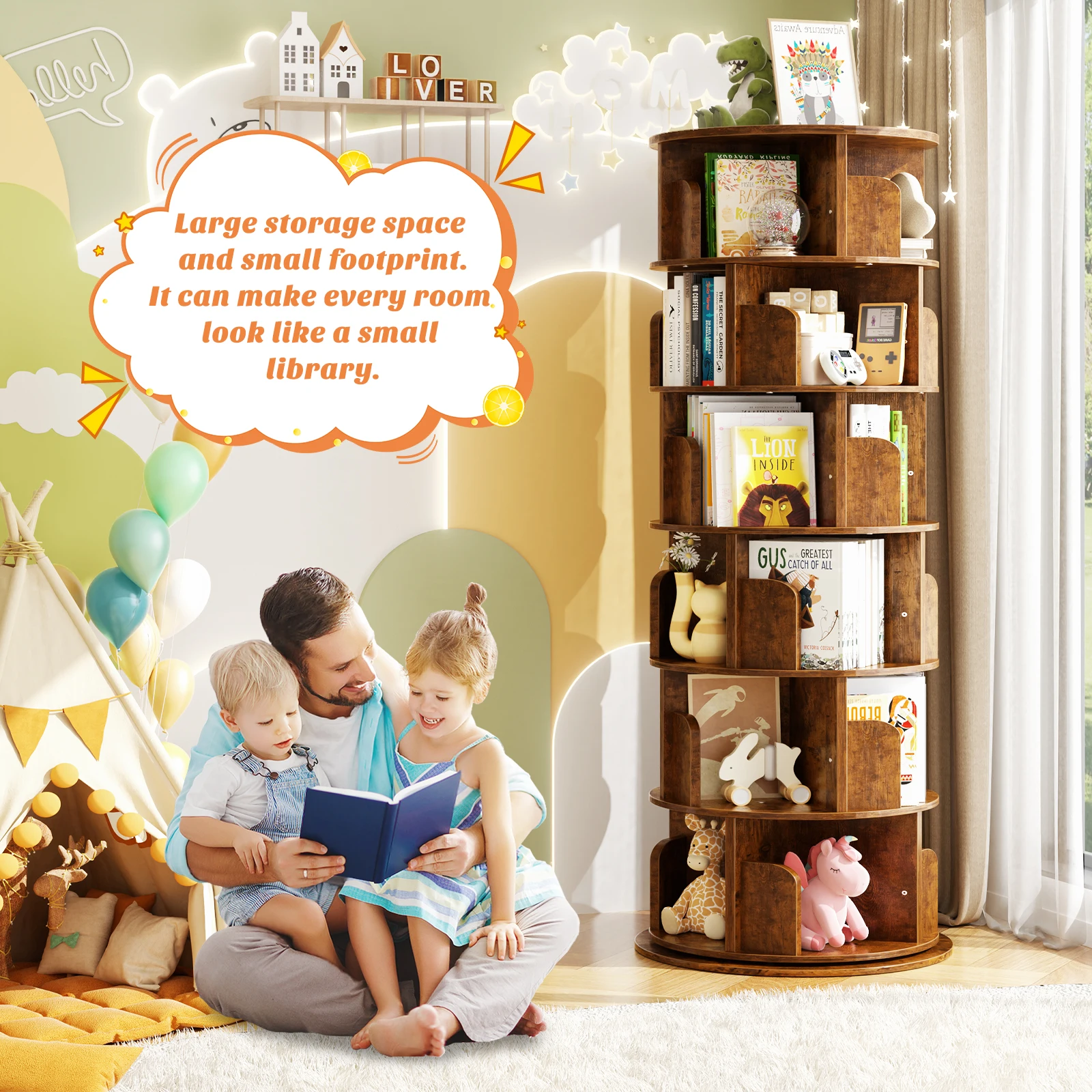 Aheaplus 6 Tier Rotating Bookshelf, Wood Spinning Bookshelf Tower, Round Revolving 360 Bookcase, Narrow Turning Book Shelf Rolling Corner Organizer for Small Space, Bedroom, Office, Rustic Brown