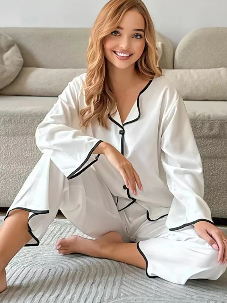 Hiloc Loose Women\'s Home Clothes 2 Piece Sets White Long Sleeve Sleepwear Female Casual Trouser Suits Autumn Fashion Pajamas