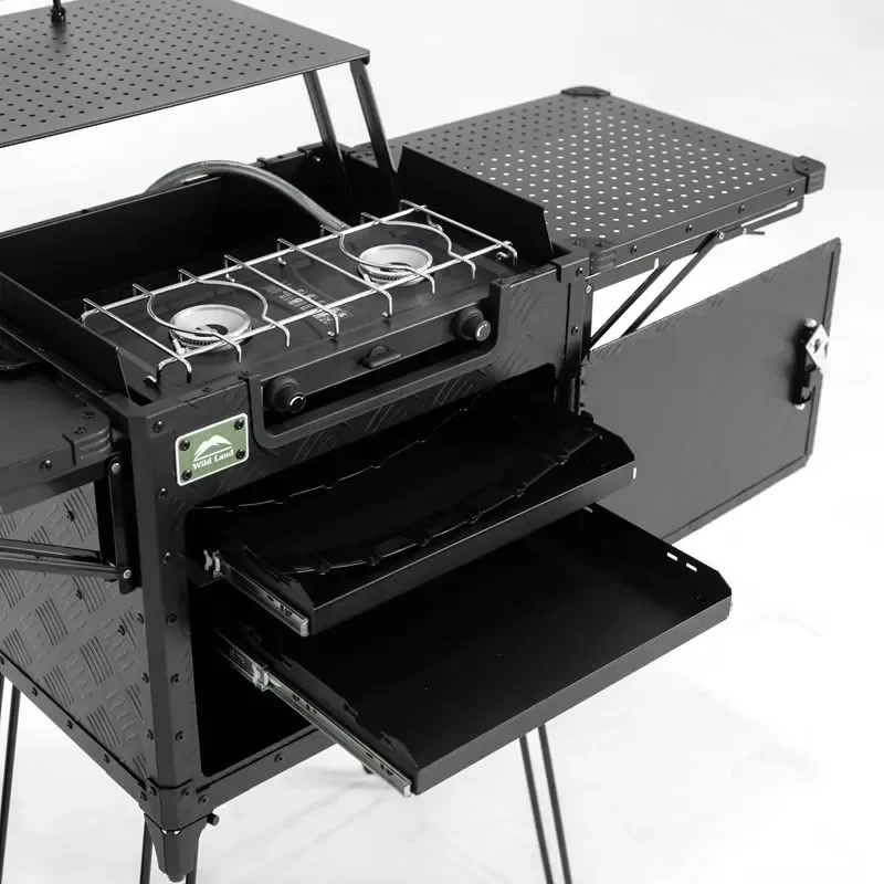 Deluxe Family Camping Kitchen Setup Dual Stove System with Cutting Board and Added Height for Comfortable Cooking for Outdoor
