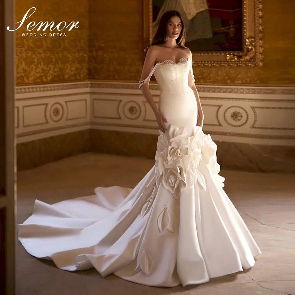 Semor Romantische 3D-Blumen Meerjungfrau-Hochzeitskleider 2026 Schulterfreies Perlenbesetztes Maßgeschneidertes Brautkleid mit Falten Vestidos Novias Boda