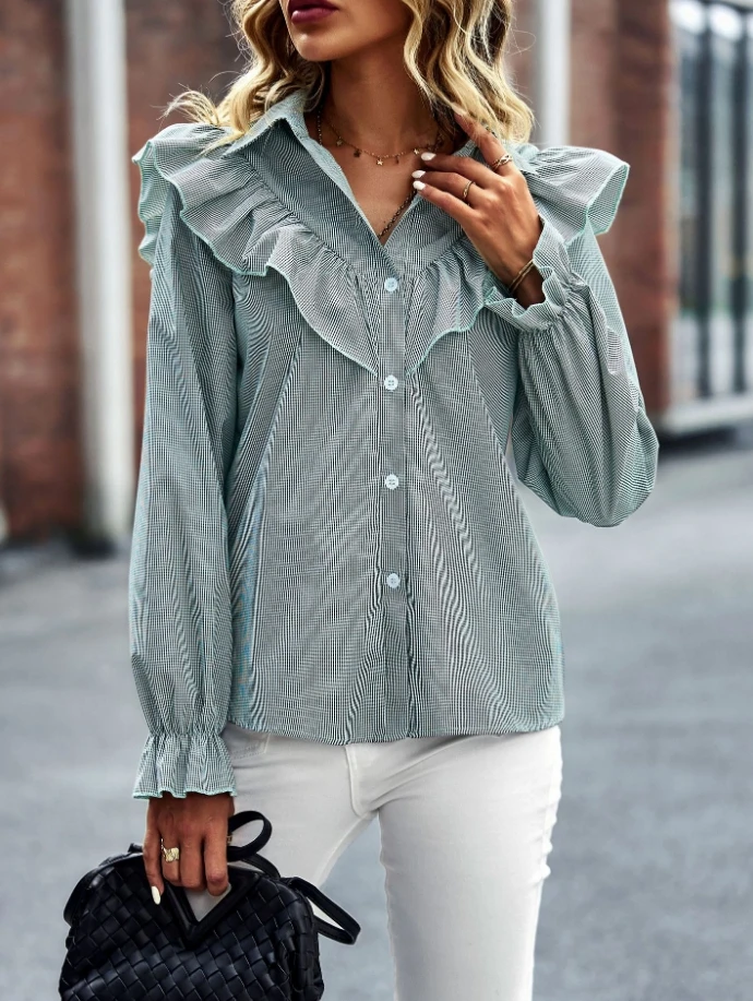 Woman Blouse 2024 Spring Fashion Striped Versatile Casual Ruffle Decor Turn-Down Collar Long Sleeved Button Daily Shirt Top