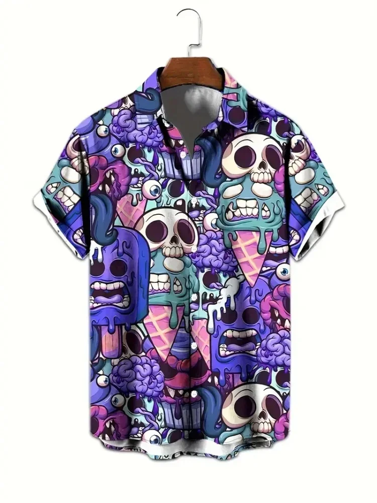 

Summer Men's Shirts Skull Graphic Vintage Men Short Sleeve Hawaii Travel Casual Shirt Buttons Tee Tops Clothes Retro Y2k Clothes