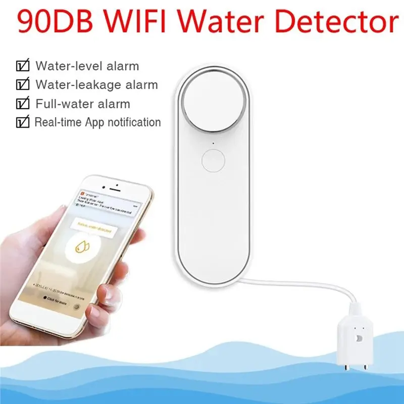 B50B-Wifi Water Leak Detector 5M 90DB Dual Sensor Smart Life APP Remote Monitoring Flood Alert Overflow Security System