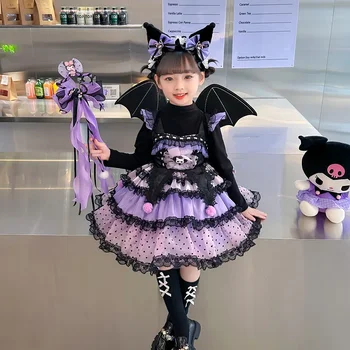 อะนิเมะ Sanrio Kuromi ชุดเด็กคอสเพลย์ชุดการ์ตูน Academy สไตล์จีบกระโปรงสาวเจ้าหญิงเสื้อผ้าสาวของขวัญวันเกิด