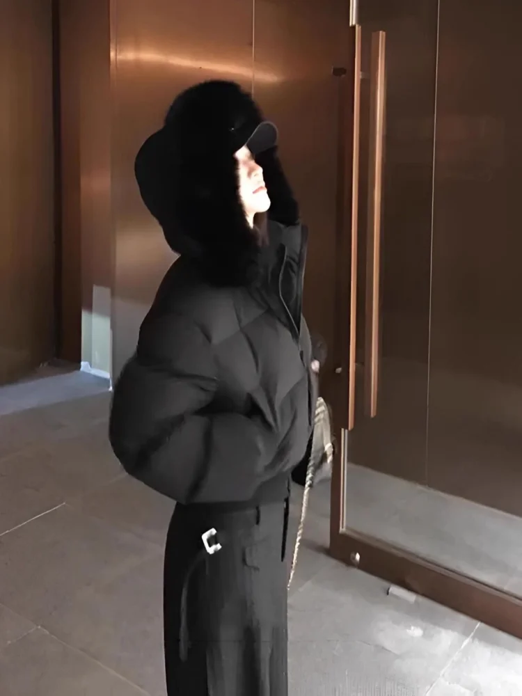 Lady Navy Blue Cropped Hooded Puffer Jacket With Faux Fur Collar Zip‑up Loose Short Cotton Padded Coat Winter Warm Outerwear