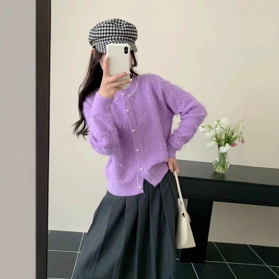

Korean Style Causal Knitted Cardigan for Women Nail Bead Design Sweater Jacket 2025 Autumn Winter New